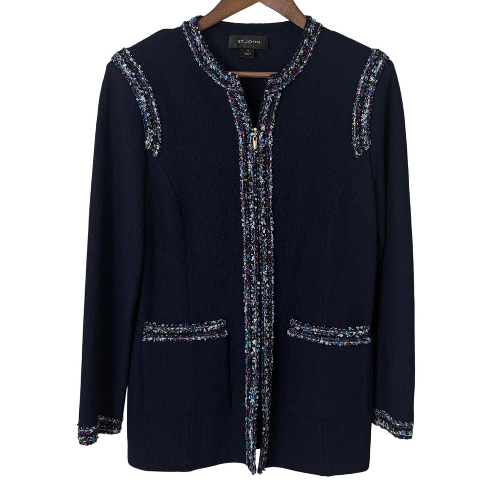 St. John Knit Jacket Womens 10 Santana Knit Navy Blue Full Zip Cardigan Luxury